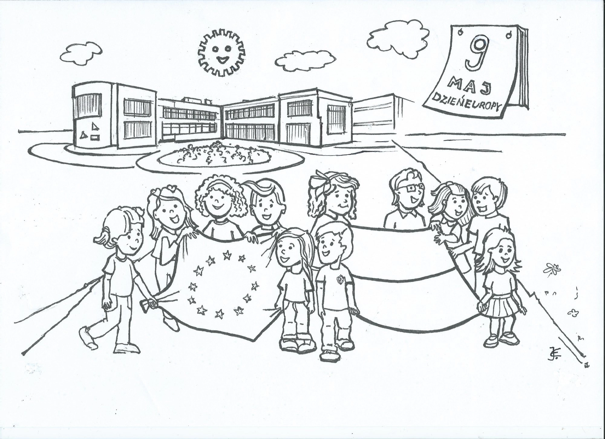 Coloring page students celebrate Europe Day